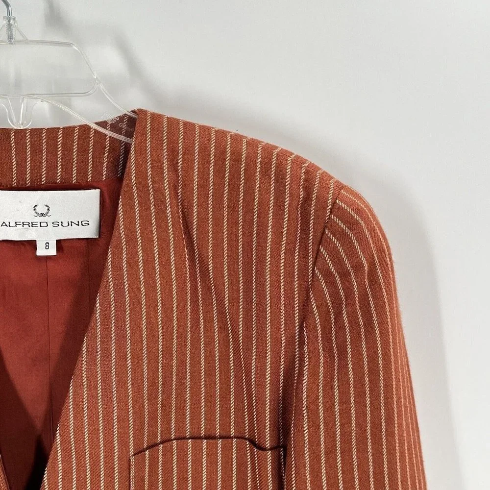 Alfred Sung Vintage Linen Blend Brown Striped Blazer Sz 8 Shoudler Pads - Picture 3 of 7